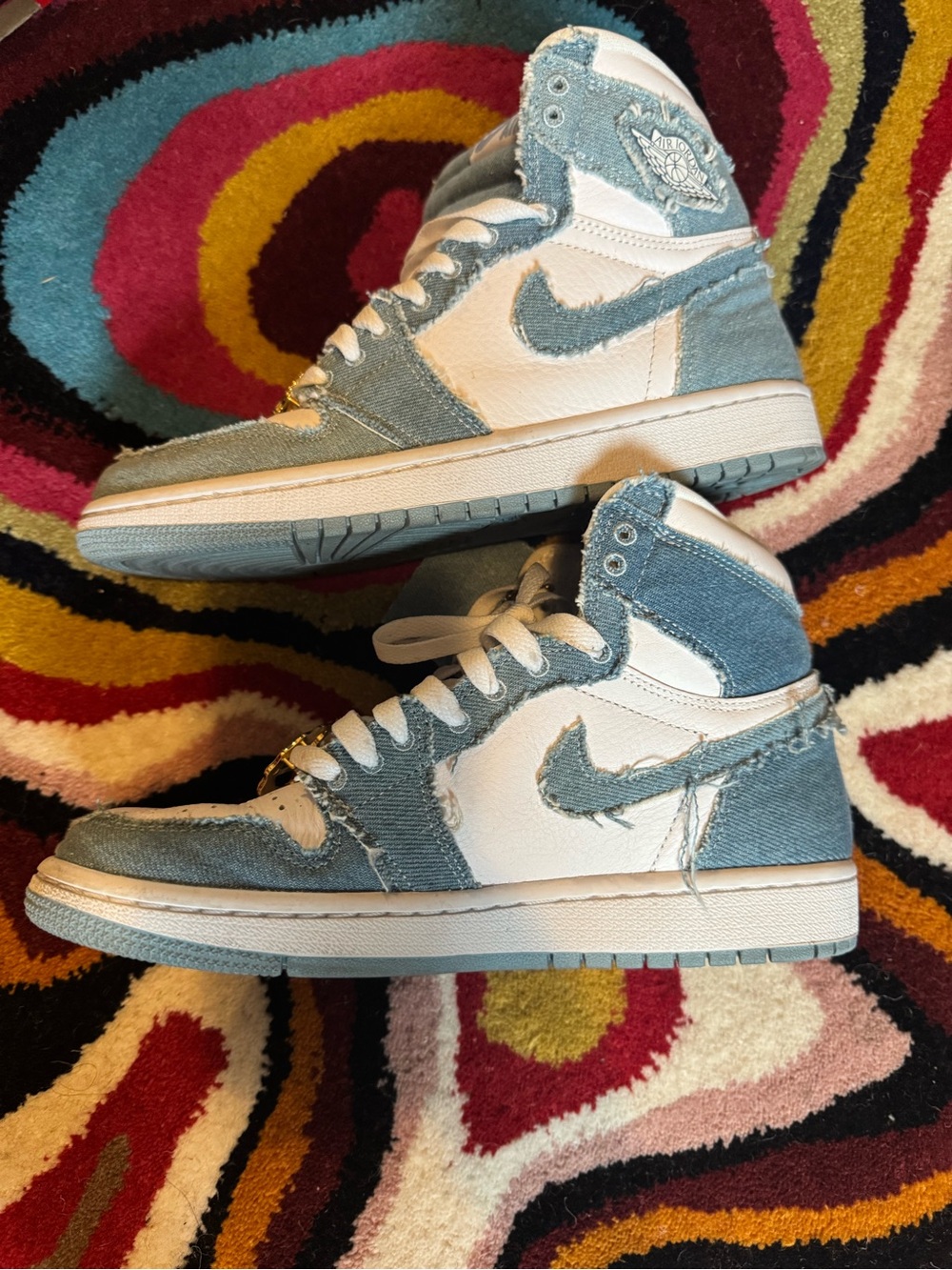 Jordan High-Top Sneakers in White and Light Blue Denim